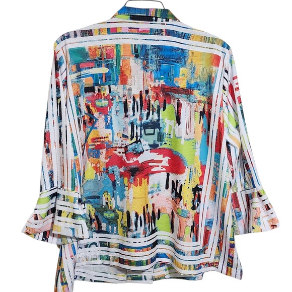 Ali Miles Womens 2X Wire Collar Abstract Print Ruffle Sleeve Button Up Top Shirt - Picture 9 of 9